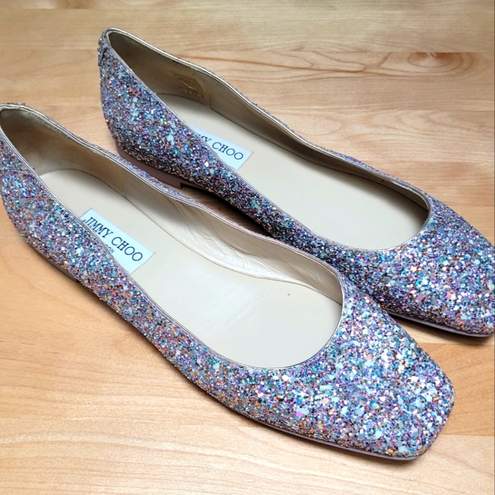Jimmy Choo Multicolor Glitter Square-Toe Flats - Picture 2 of 15
